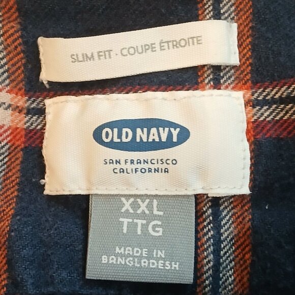 Old Navy Slim Fit Navy Blue Orange Plaid Flannel Button Up Shirt XXL 2X Pocket - Picture 4 of 7
